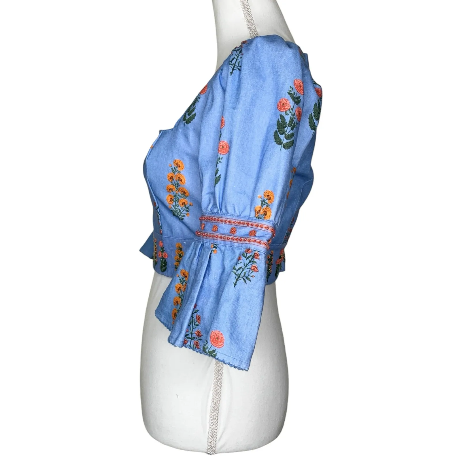 Agua by Agua Bendita Violeta Dahlia Blue Linen Embroidered Floral Cropped Top - Image 5