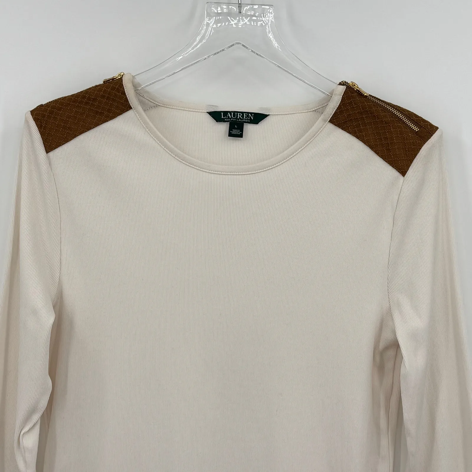 Lauren By Ralph Lauren blouse women's L zip shoulder rib knit top cream brown - Image 2