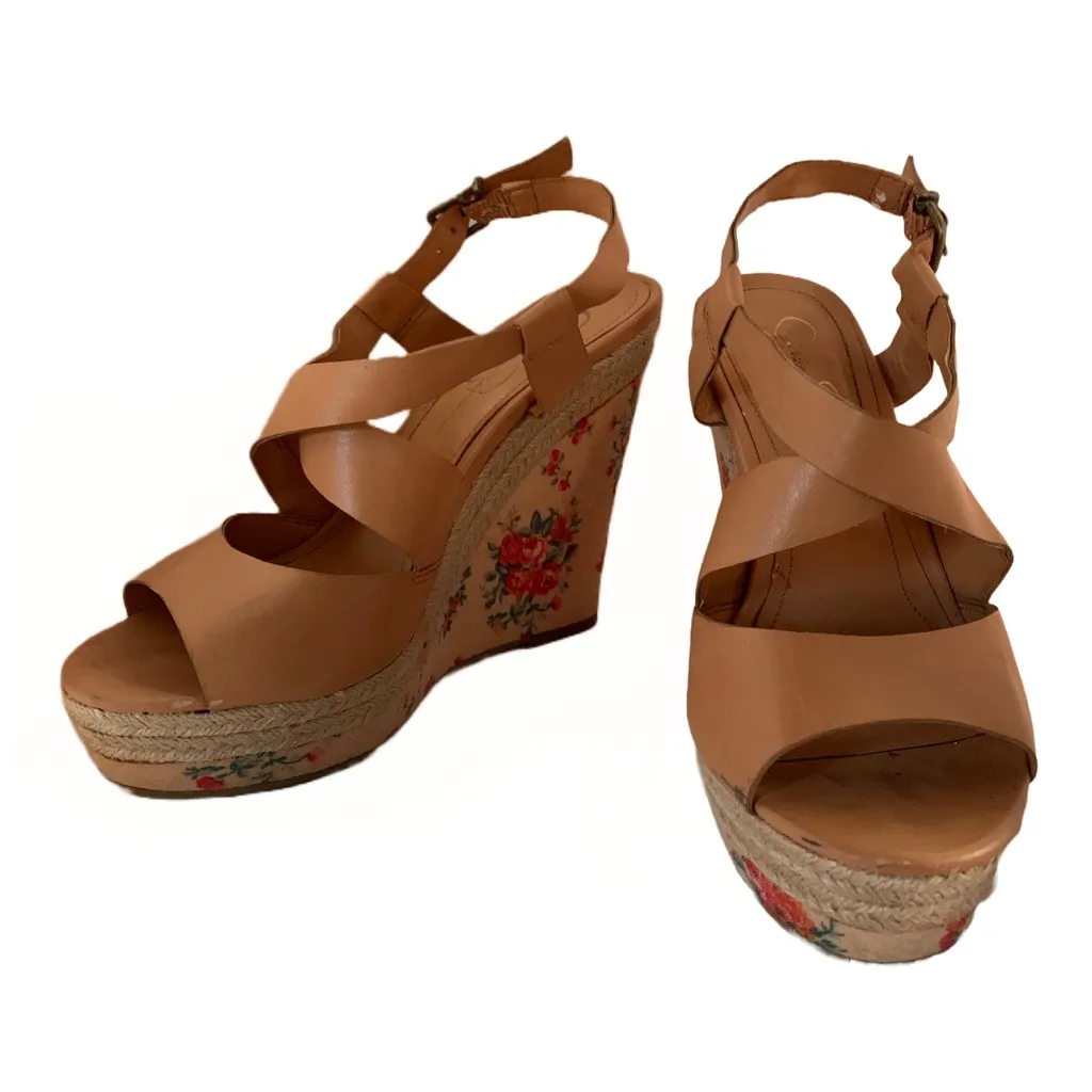 JESSICA SIMPSON "JP MASON" BROWN FAUX LEATHER & FLORAL PRINT WEDGE SANDALS (8) - Image 10