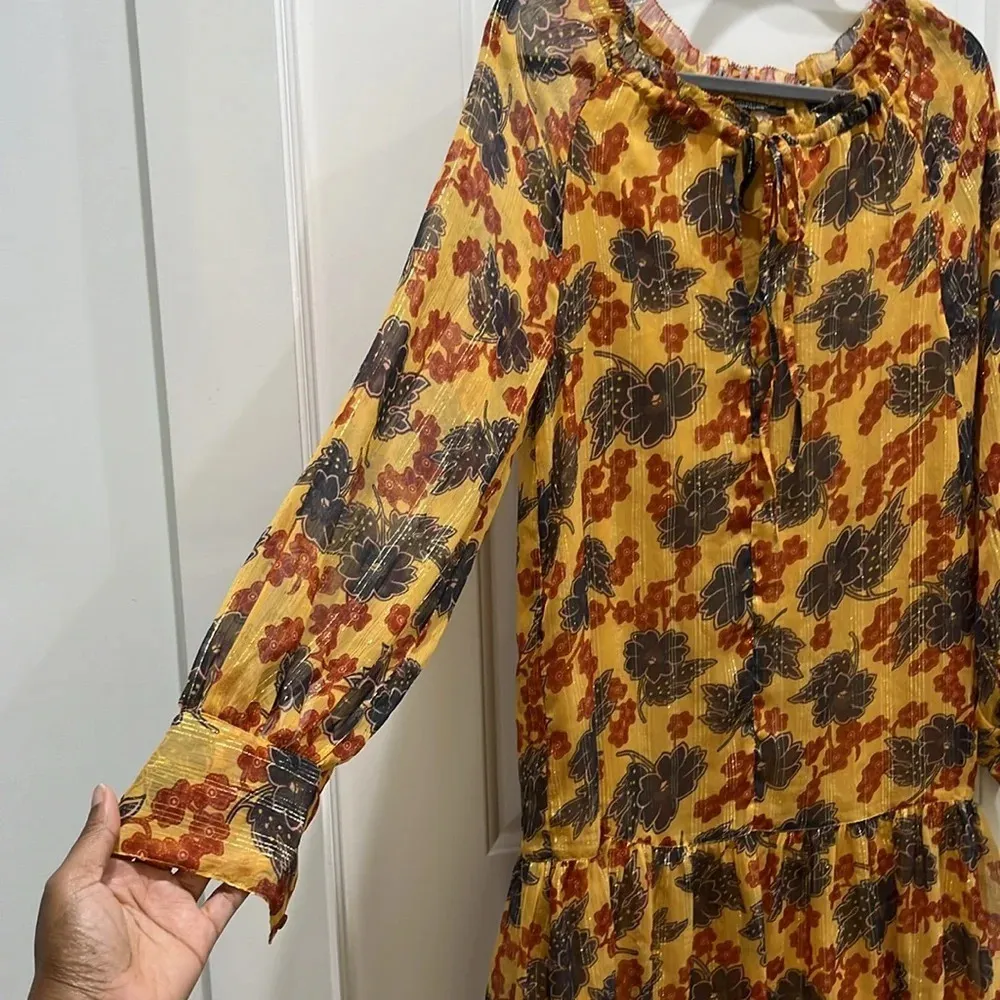 Maison Scotch & Soda Gold Metallic Floral Long Sleeve Dress Sz XS - Image 3