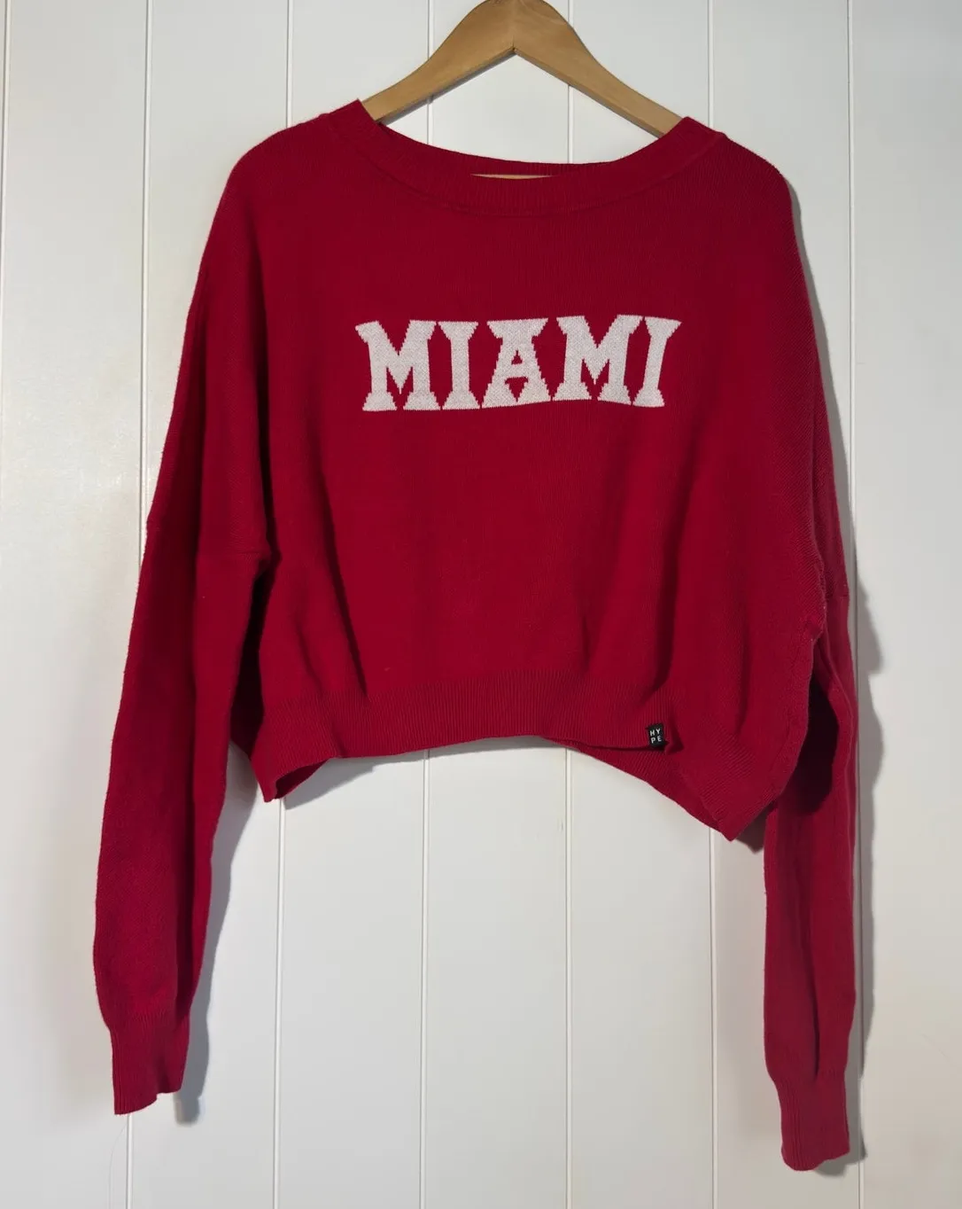 Hype & Vice Small Miami Red White Knit Cropped Crewneck Cotton Sweater - Image 1