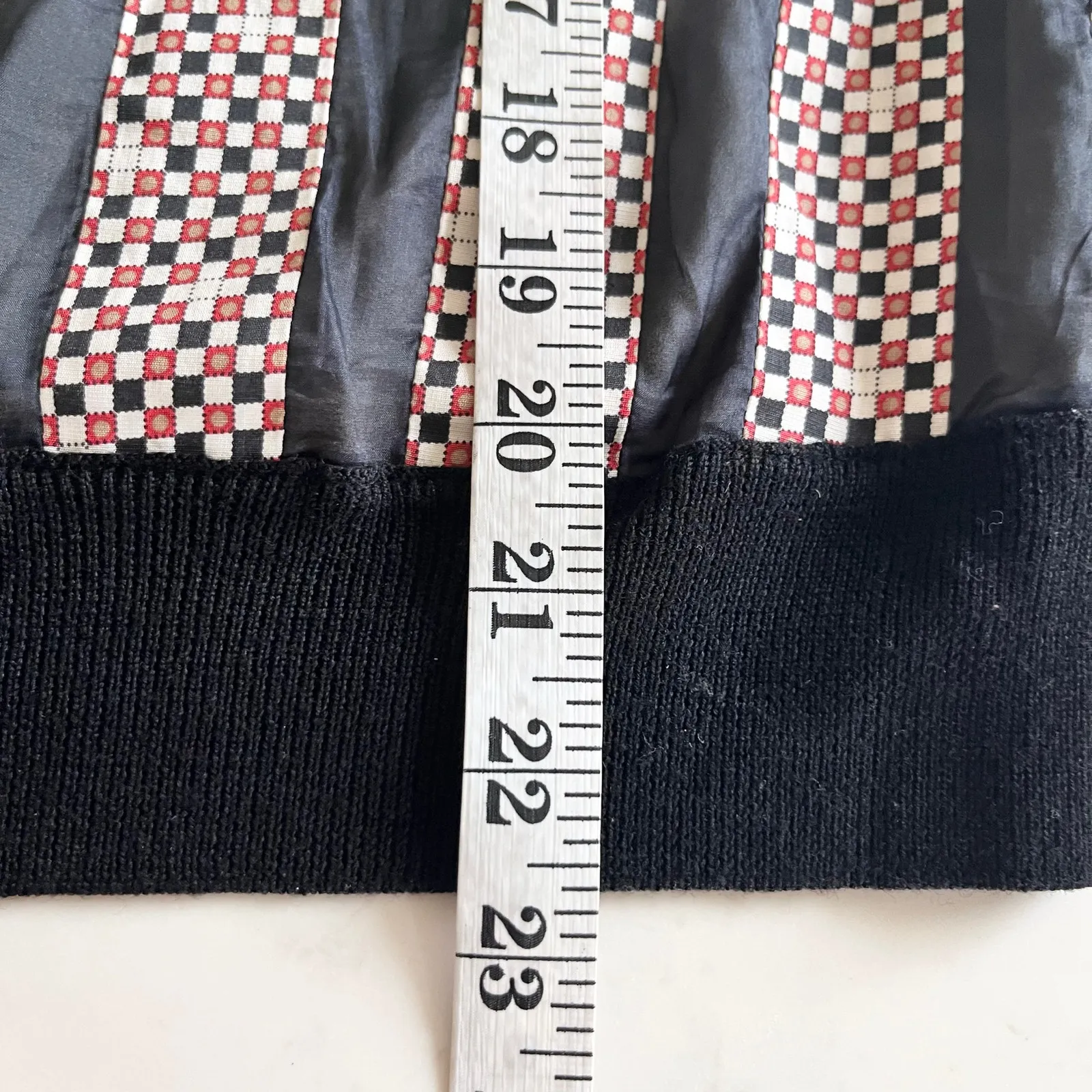 Tory Burch Black Merino Wool Geometric Striped Silk Panel Crewneck Sweater Sz XS - Image 7