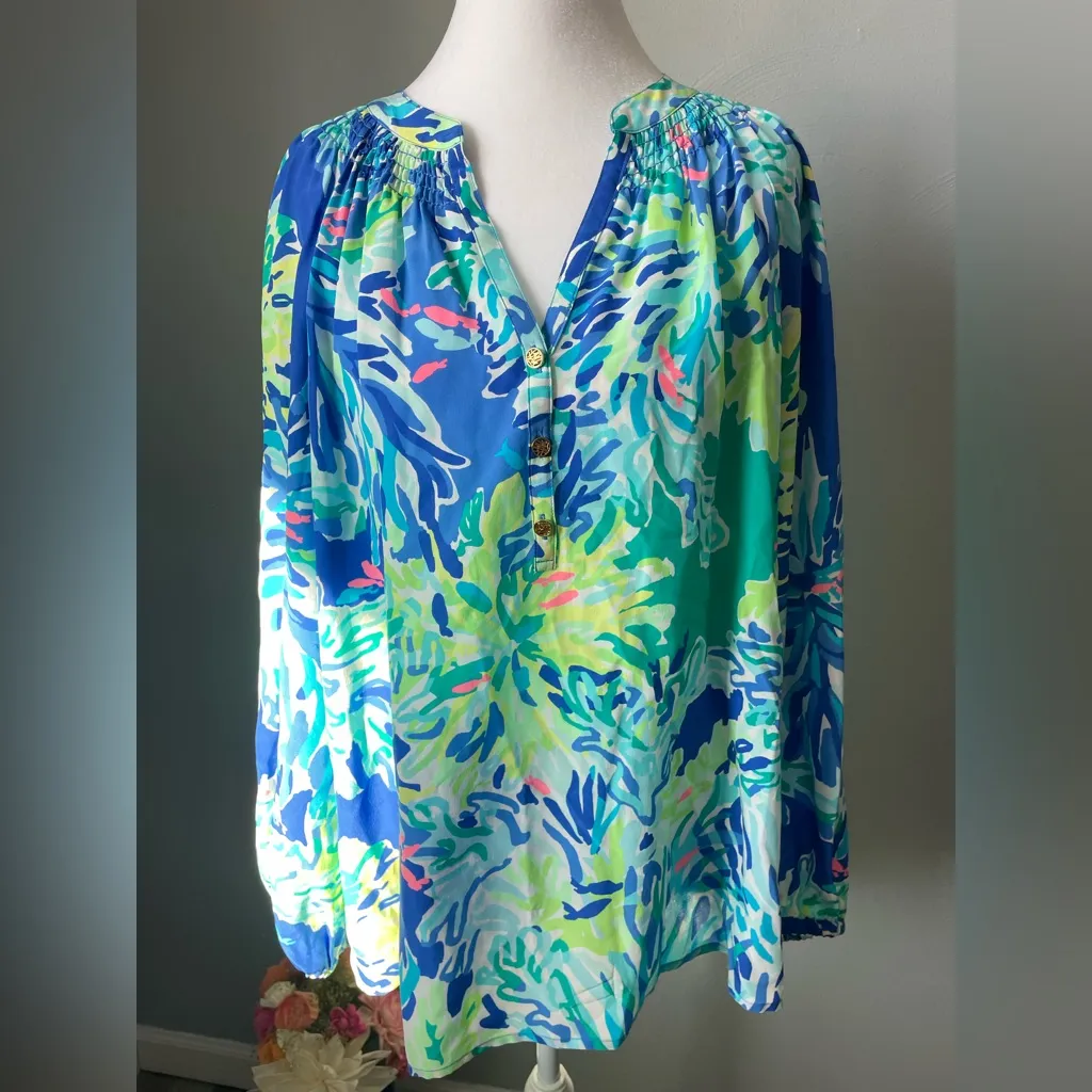 Lilly Pulitzer Elsa 100% Silk Top - Blue Green Pink Tropical Print - Image 4