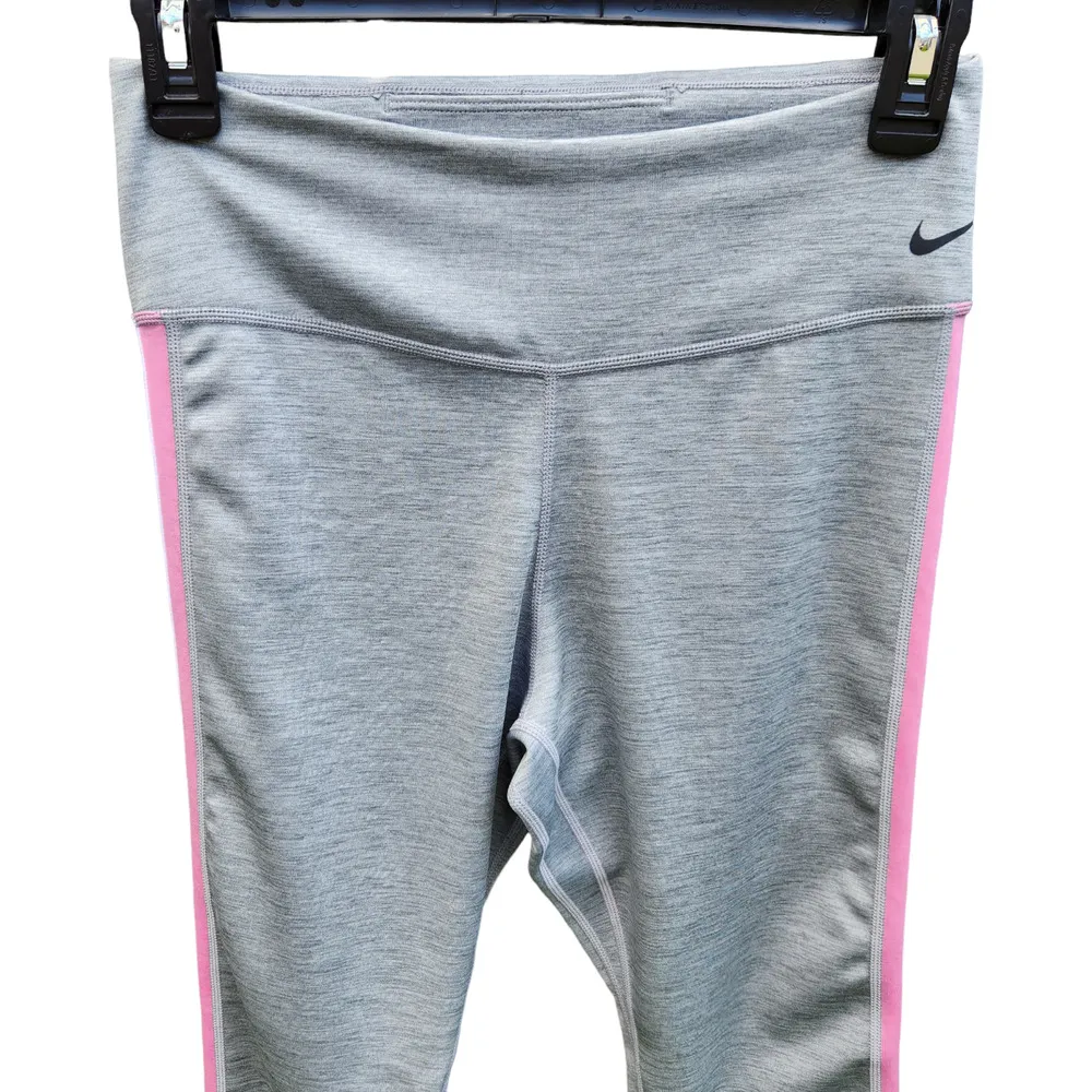 Nike Womens Medium Mid Rise Crop Length Gray Pink Logo Athletic Leggings Dri-Fit - Image 2