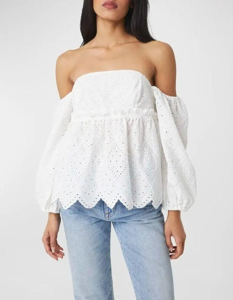 MISA Los Angeles Sera Off The Shoulder Scalloped Eyelet Top White Womens Size M - Image 13