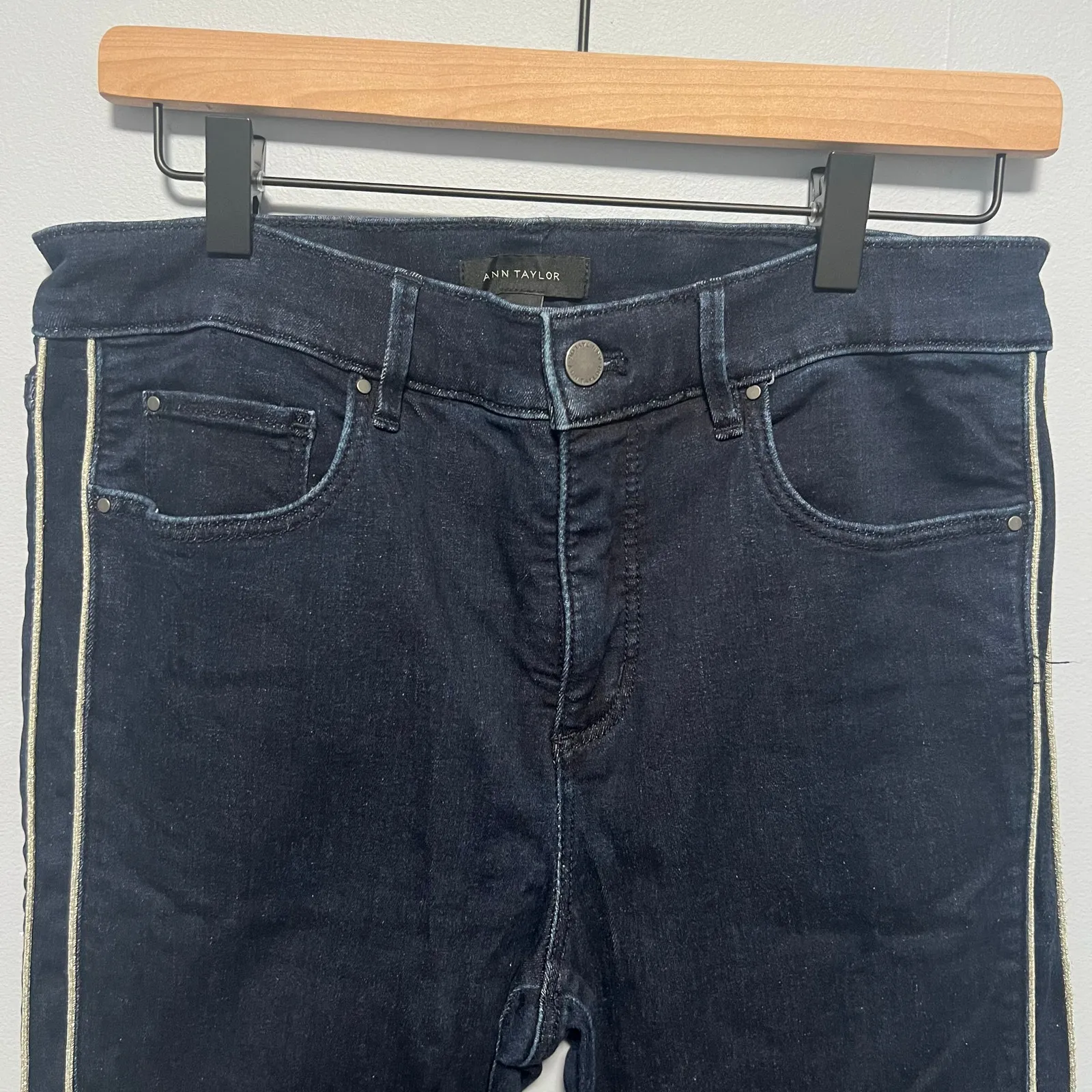 Ann Taylor The Skinny Jeans Dark Wash Metallic Silver Stripes Size 10 - Image 2