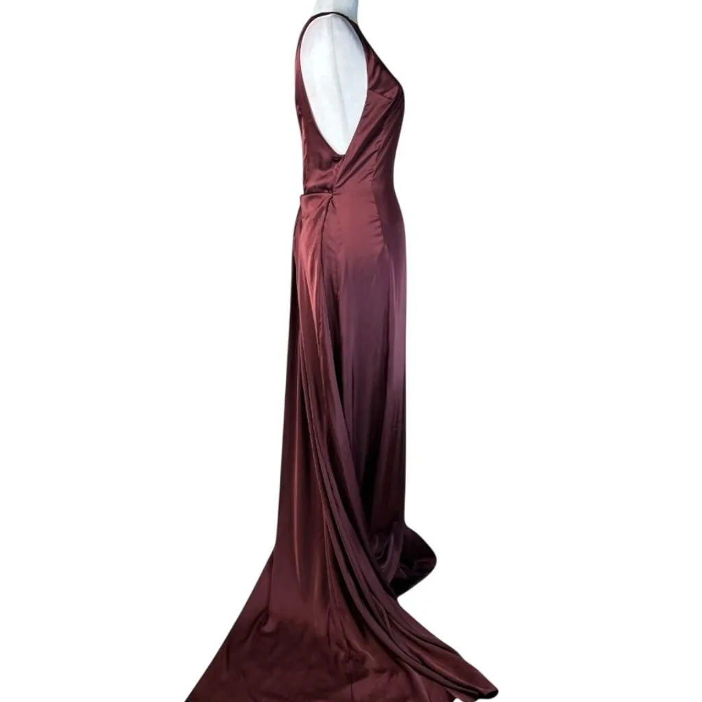 Ceren Ocak Satin Dress in Burgundy Small New Womens Long Maxi Gown Brown - Image 6