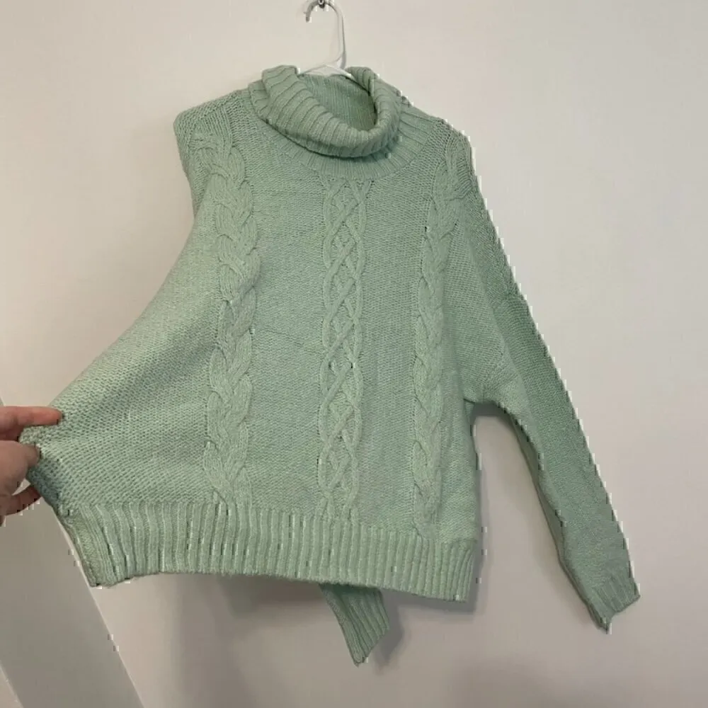 BP NORDSTROM Cozy Cable Knit Turtleneck Sweater Mint Green Chunky Knit Winter L - Image 9