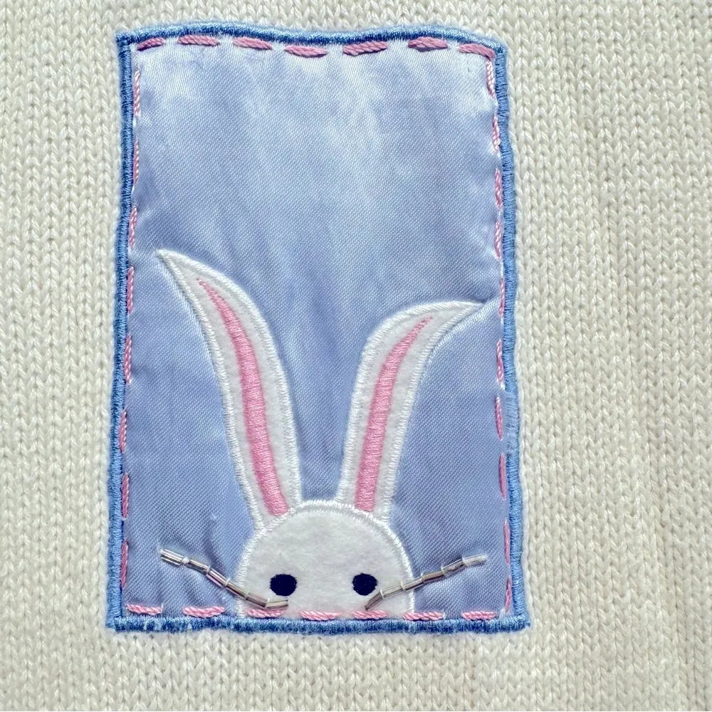 Vintage Patchwork Bunnies Rabbits Cardigan Sweater Button Front Crocheted Lace Pink Size 1X - Image 4