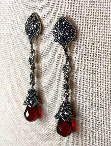Vintage Faceted Red Garnet & Sterling Silver Marcasite Long Drop Dangle Earrings - Image 1