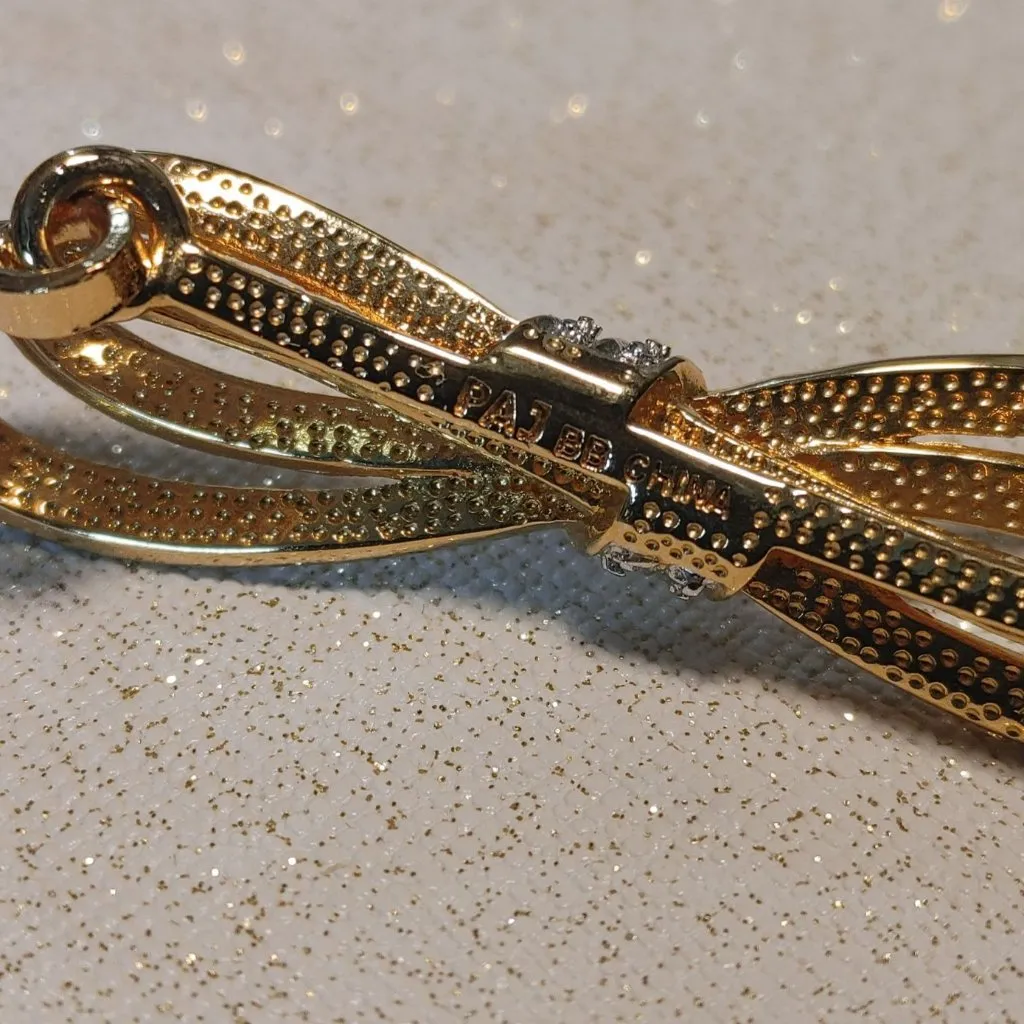 Gold Prime Art Jewel Ribbon Bow Bangle Bracelet Stamped PAJ BB Bow Rhinestone - Image 4