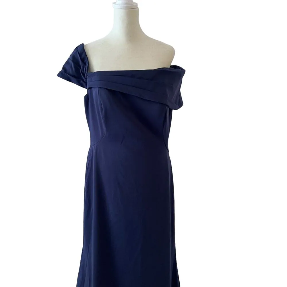 La Femme Off The Shoulder Blue Size 10 A line  satin gown  mother of the bride - Image 6