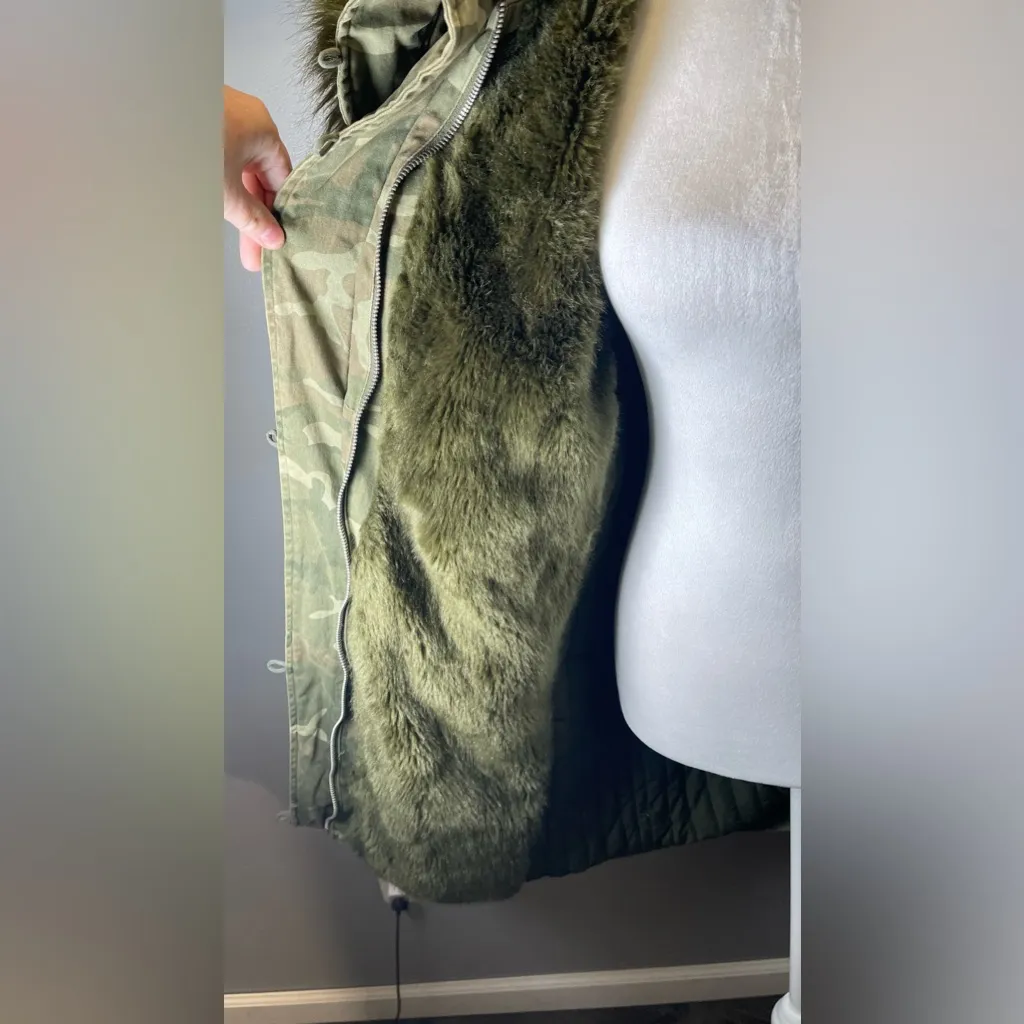 Zara Trafuluc Women's Green Army Brown Camo Faux‎ Fur Parka Coat Size XS - Image 6