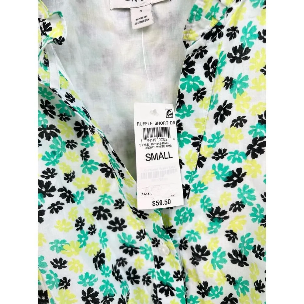 ON 34TH Ruffle Short Dress Floral Print Ruffled Button Down V Neck Size S Green - Image 4