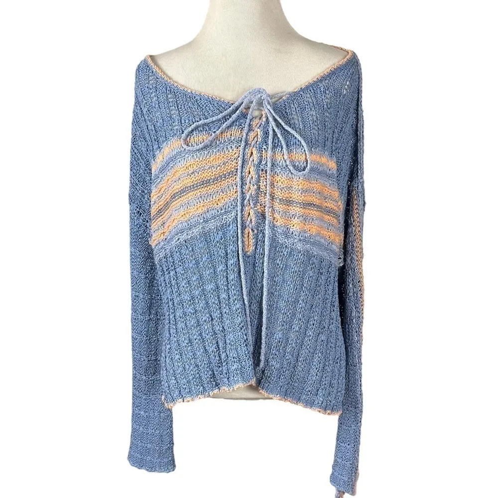 FREE PEOPLE Marina Bay Lace-Up Sweater in Sunset Combo Size Small Bell Sleeve - Image 9