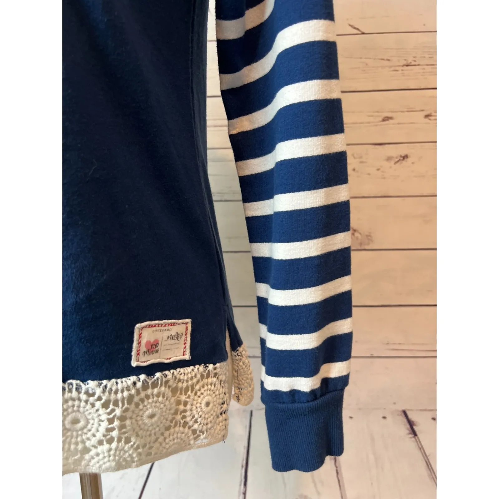 Disney Parks Sweatshirt Mickey Minnie‎ Small Hoodie Stripe Nautical Crochet Lace - Image 9