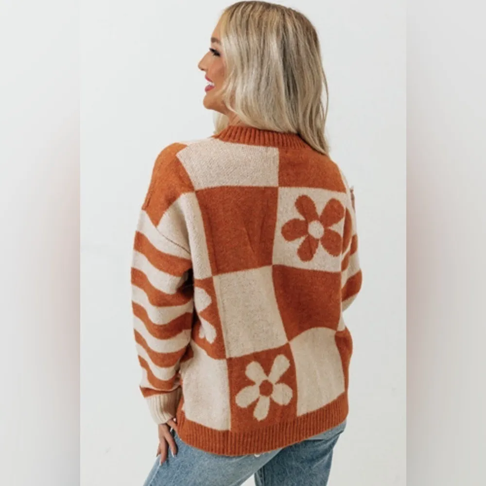 Checkered & Striped Floral Rust & Cream Crewneck Boutique Sweater Size Small Orange - Image 7