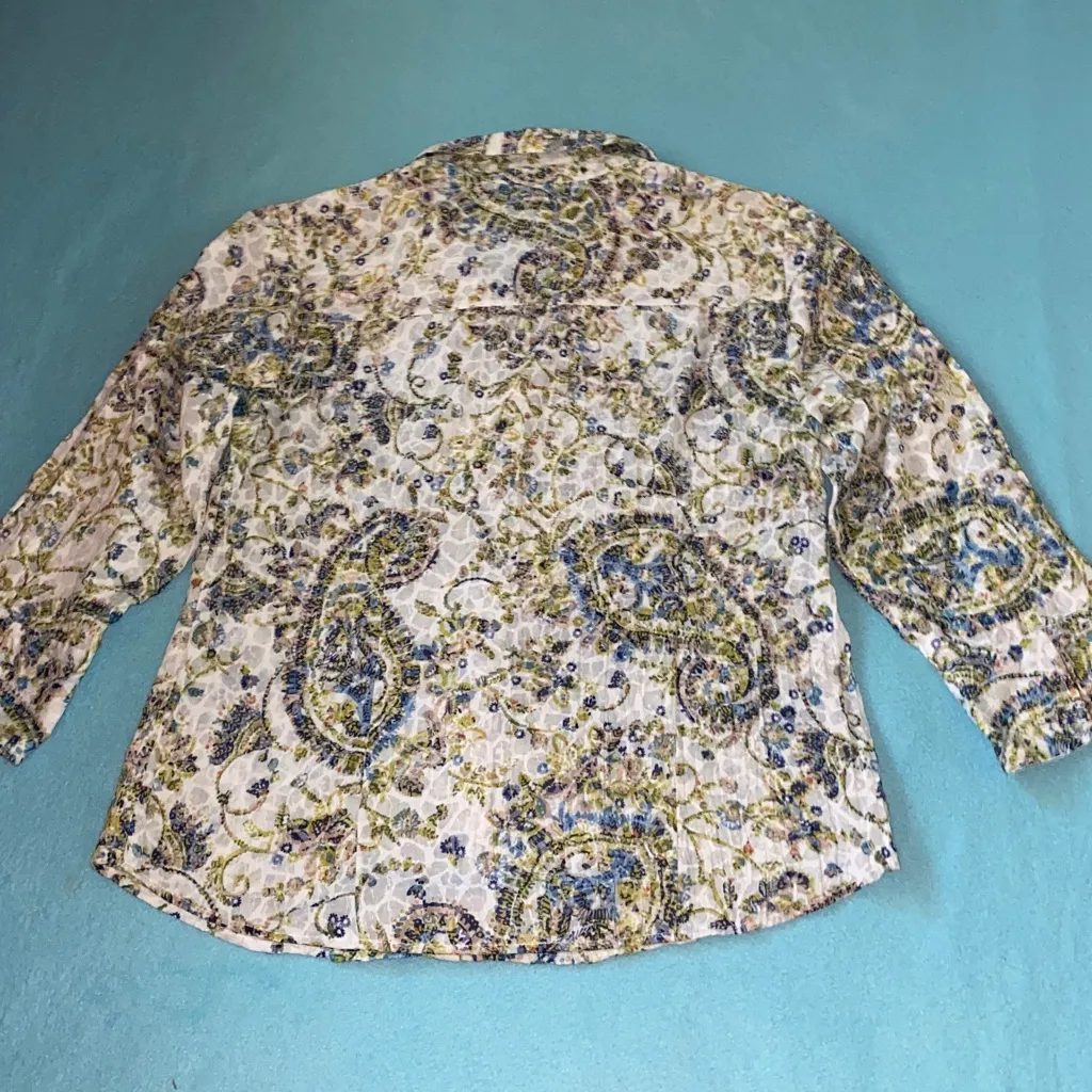 JM COLLECTION floral paisley button up long sleeve split cuff blue green size 12 - Image 2