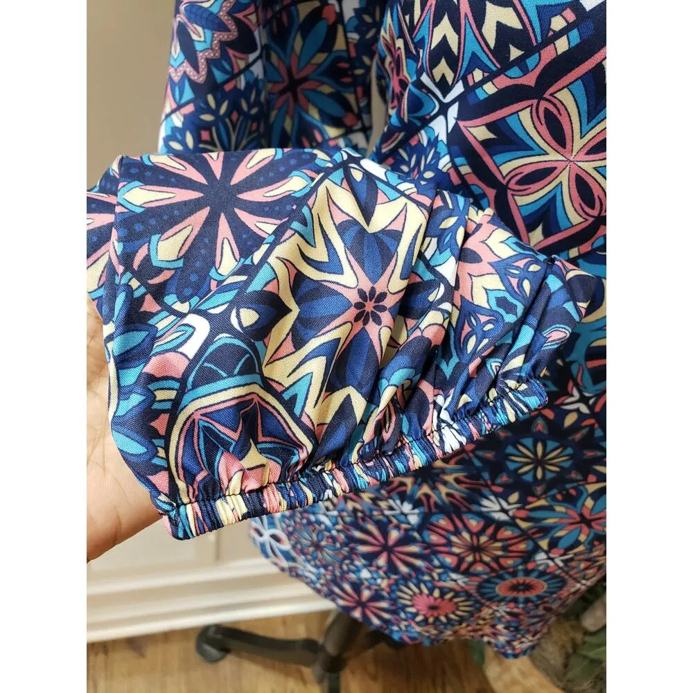 Womens Tunic Top XL Multi Ethnic Floral Balloon Sleeve Notched Neck Pullover Blue - Image 8