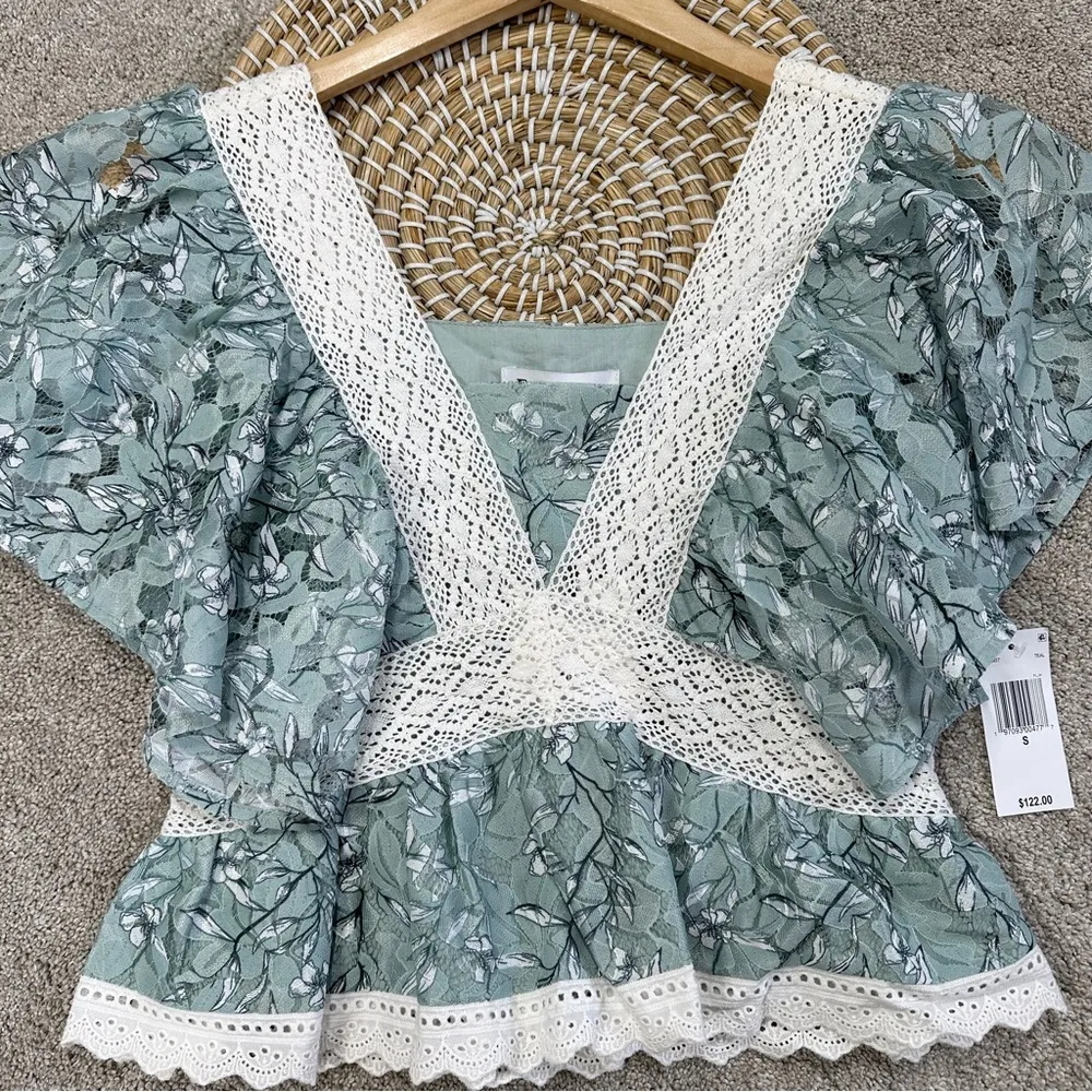 NWT En Saison Women’s Caudry Lace Top Blouse Shortsleeve Cottagecore in Teal S Green - Image 3