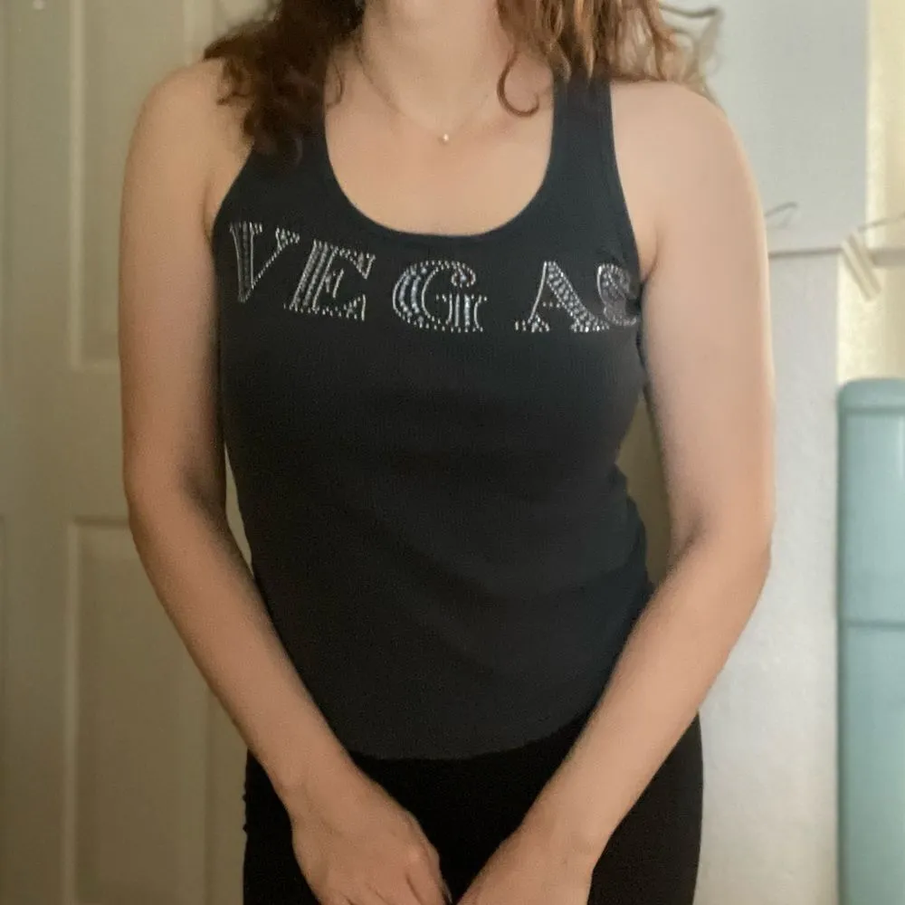 Vintage Y2K Ribbed Graphic‎ Embellished Vegas Tank Top Size Small Blue - Image 2