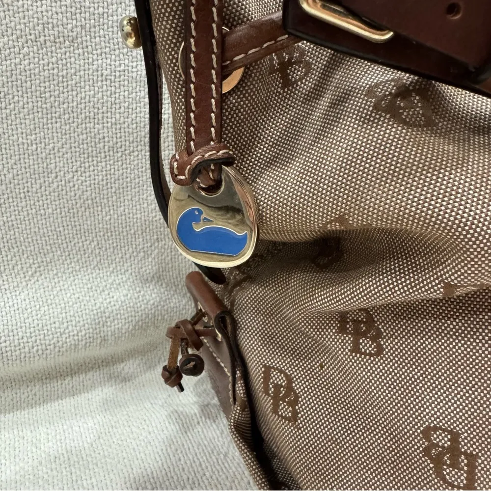 Dooney and Bourke Bucket Handbag, Beige Canvas & Brown Leather, Drawstring - Image 3