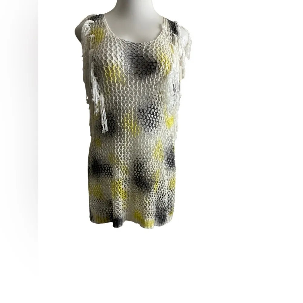 Beach Pool Coverup White Yellow & Black Mesh Sleeveless With Tassels Size undefined - Image 2
