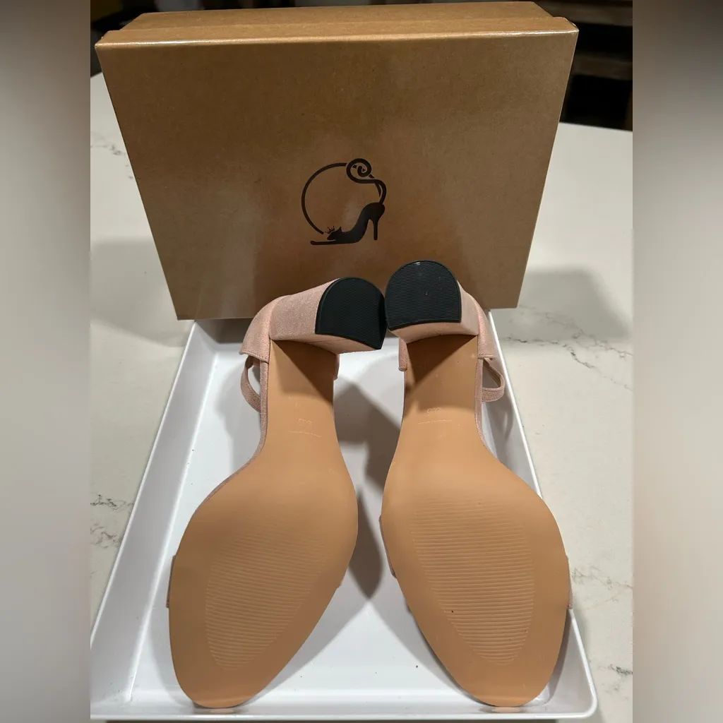 NEW Faux Suede Heels Open Toe Ankle Strap Chunky High Heel Pumps 3.35” 9.5 Pink - Image 8