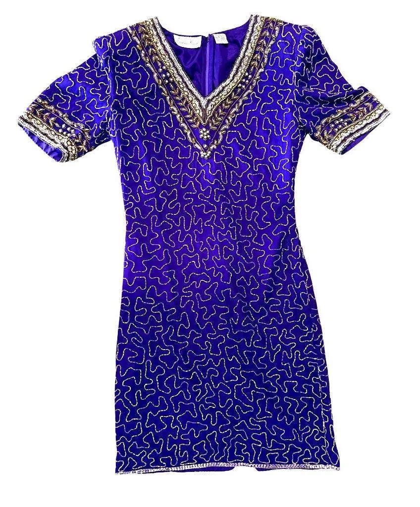 All Silk Vintage Dress by Lawrence Kazar Med Purple Beaded Cocktail Dress Glam Size 8 - Image 8