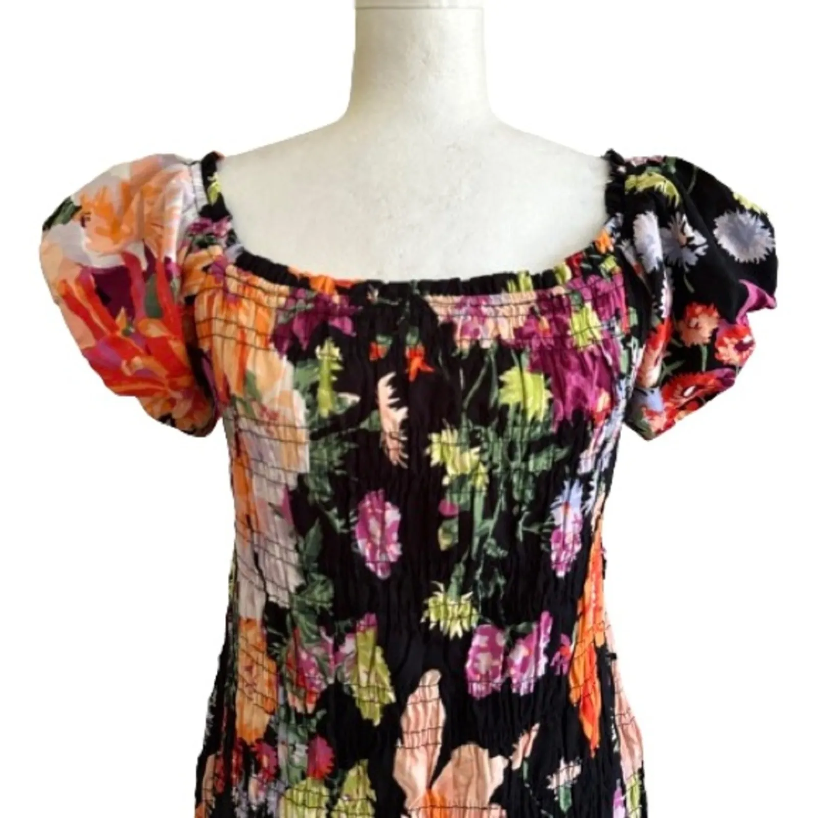 H&M Dress Black Pink Orange Floral Smocked Off Shoulder Puff Sleeve Large NEW - Image 5