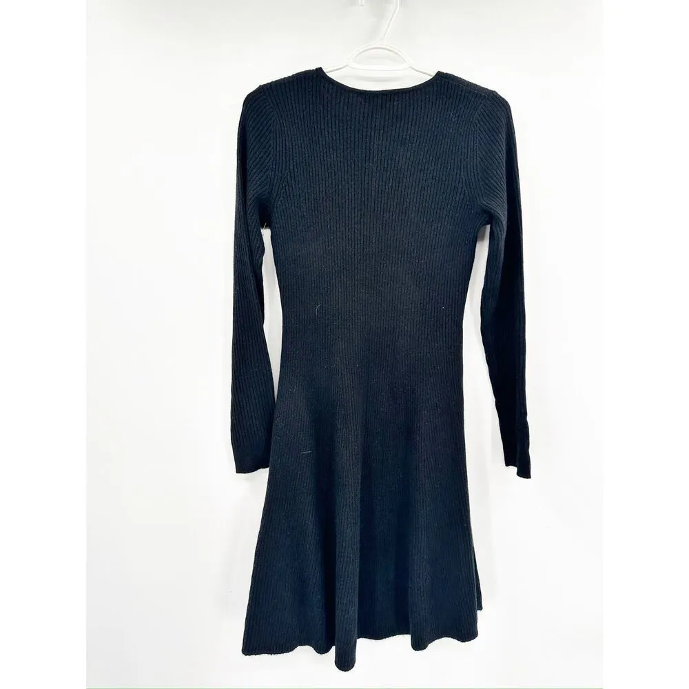Misook Cashmere 100% Cashmere Black Ribbed Fit & Flare Long Sleeve Sweater Dress - Image 4