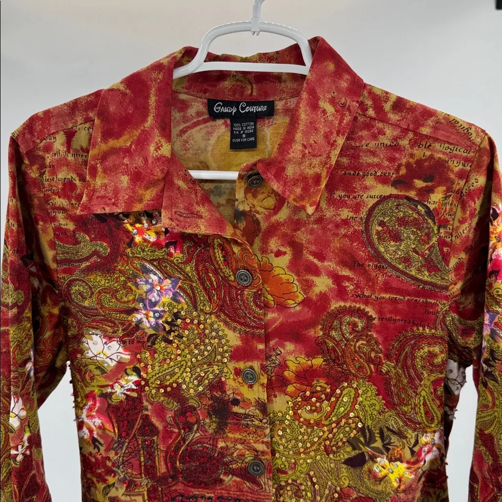 Candy Couture Red Paisley Women's Blouse S cotton sequin beaded colorful LS - Image 6