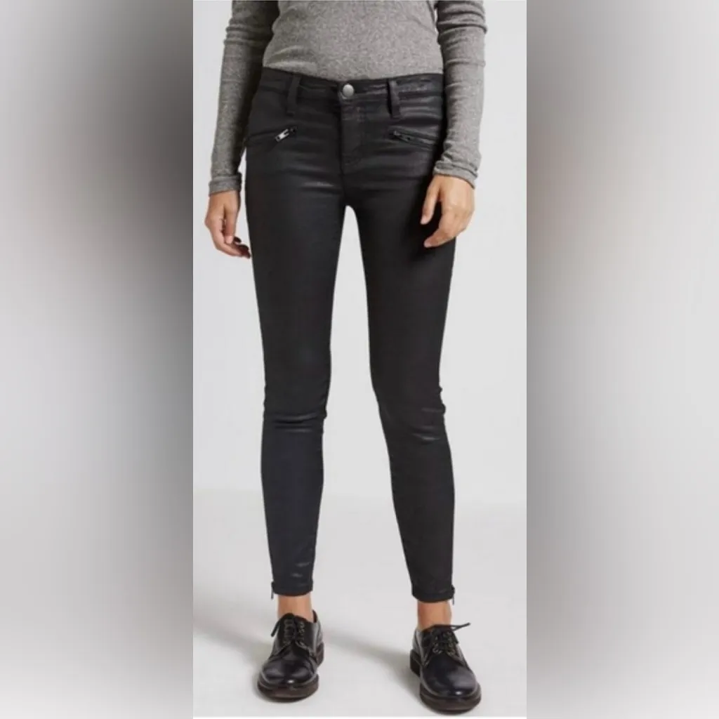 Current/Elliott The Stiletto Biker Zipper‎ Black Coated Cropped Jeans Size 26 - Image 4