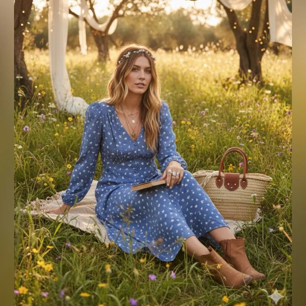 Levi's Sarina Long-sleeve Midi Dress in blue. Size small bohemian dress - Image 2