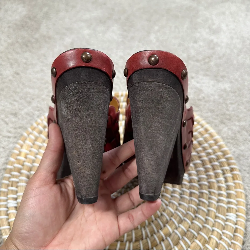 Nine West Women’s Vintage Studed Red Leather Mules Clog Heeled Chunky Grunge 6.5 - Image 8