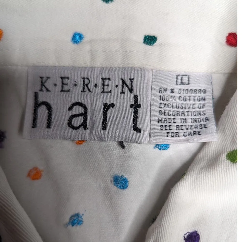Vtg 1990s Keren Hart White Cotton Button Up Embroidered Rainbow Dot Jacket L Size L - Image 4