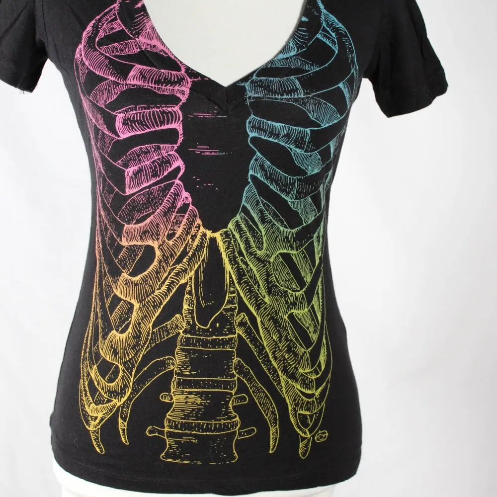 Vintage Y2K 2000s Pastel Goth Pride Ribcage V Neck Tee Black Size undefined - Image 3
