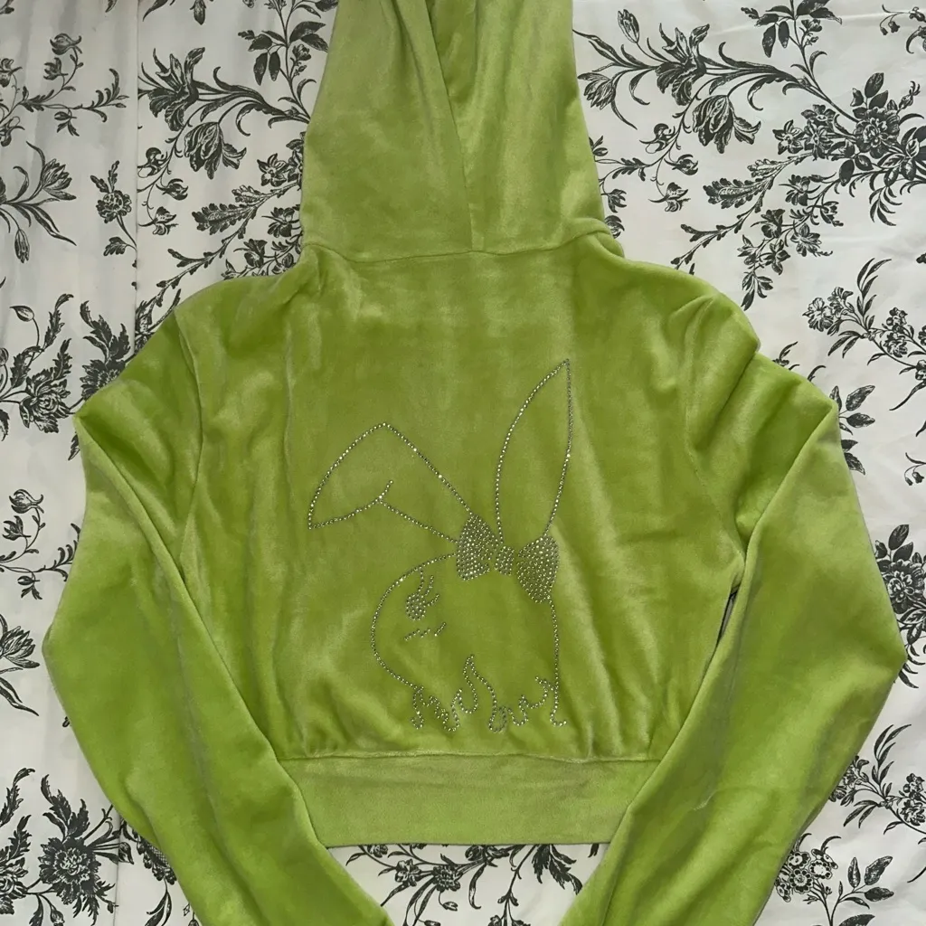 Lime Green Rhinestone Bunny Cropped Hoodie Size XS - Image 6