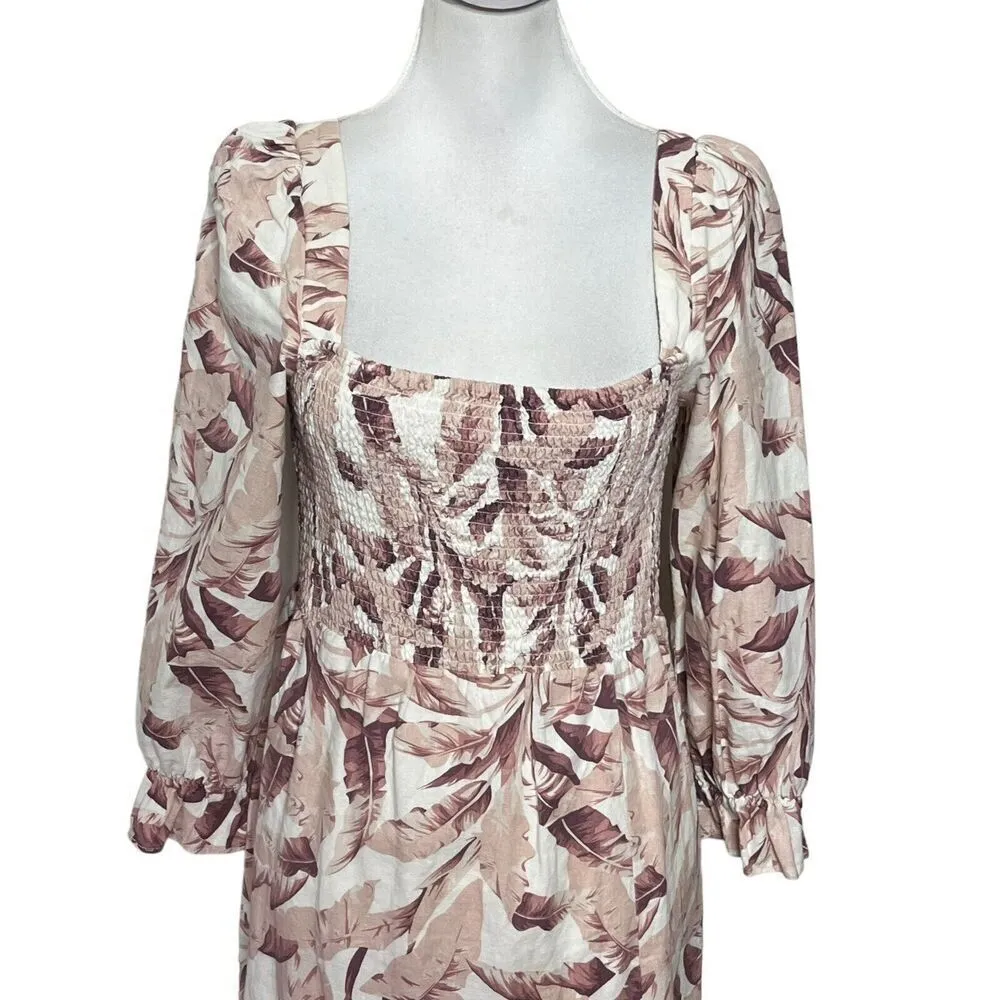 House of Harlow Palm Leaf Midi Dress Women’s Size Medium Linen Vacation Pink - Image 3