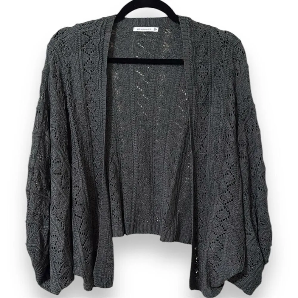 STACCATO women small grey balloon sleeve sweater cardigan 3/4 sleeves open front - Image 10