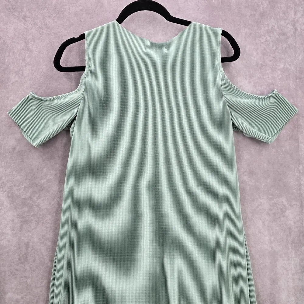 Belle Sky Green Mint Pleated Cold Short Shoulder Knee Length Boho Dress Large - Image 7
