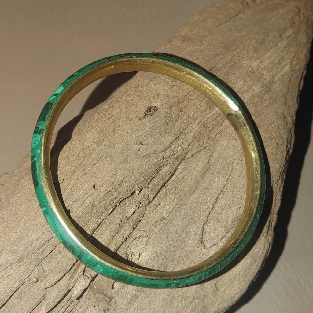 Vintage Malachite Brass Bangle Bracelet Striking Green Veins Shows Inclusions - Image 6