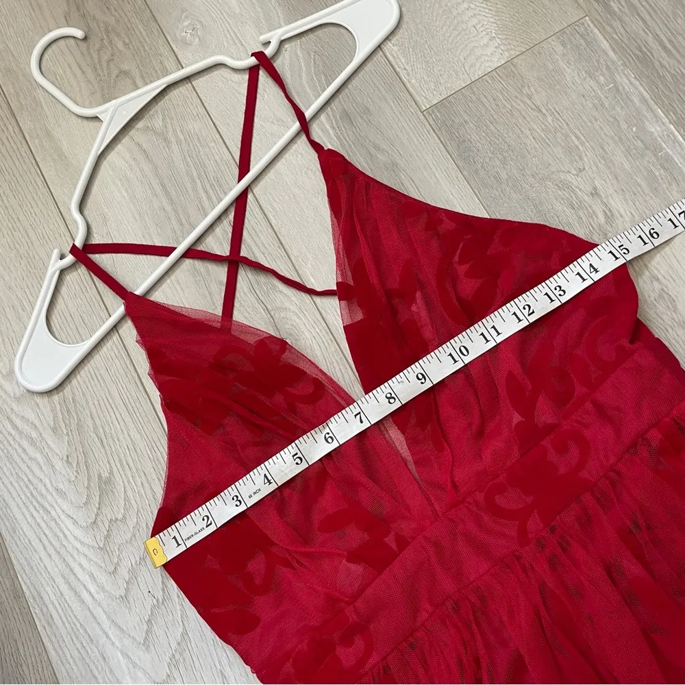 Applique Plunge Maxi Dress floral mesh slits womens Red (medium) formal party - Image 4