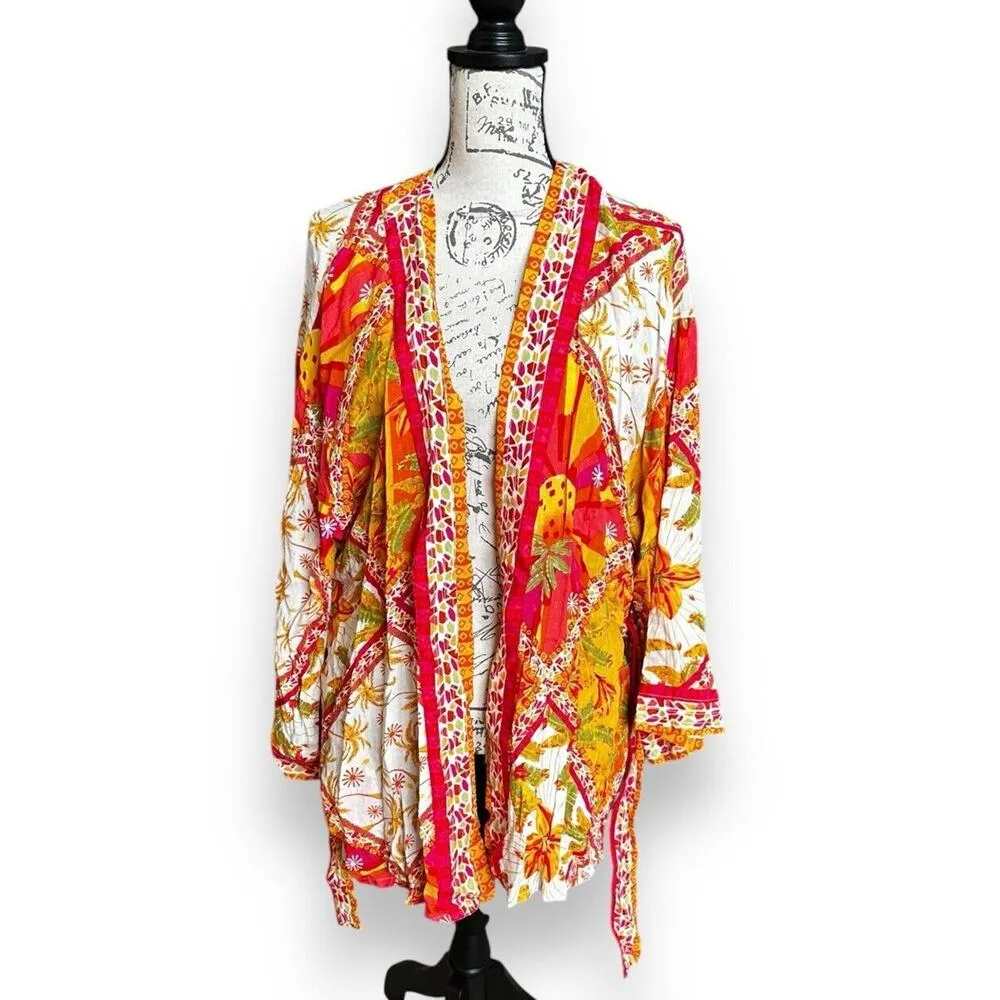 New Haute Hippie Pink Orange Tropical Pineapple Belt Tie Kimono Cardigan Large - Image 2