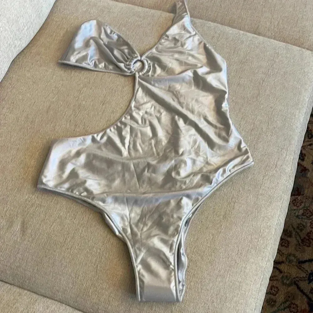 Oseree Glow Asymmetrical One Shoulder Swimsuit Silver Size XL - Image 3