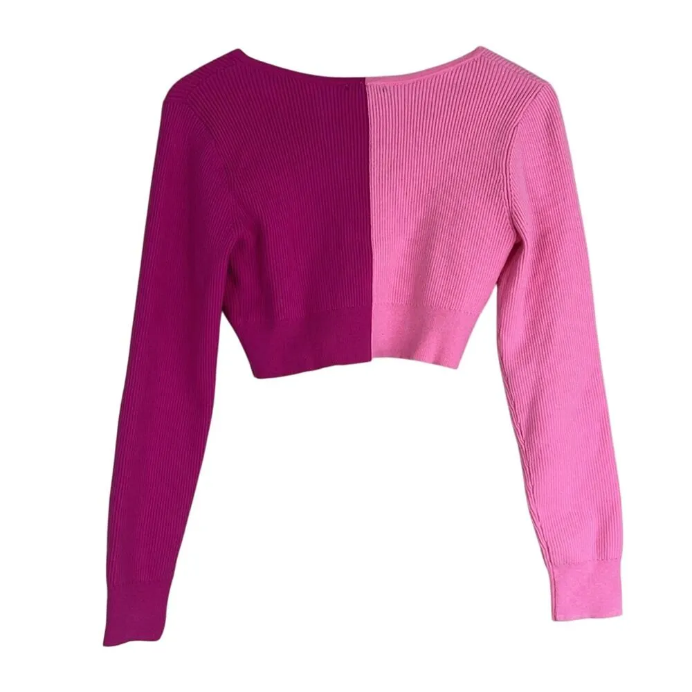 Wild Fable Knit V-Neck Barbie Pink Colorblock Cropped Sweater - Image 2