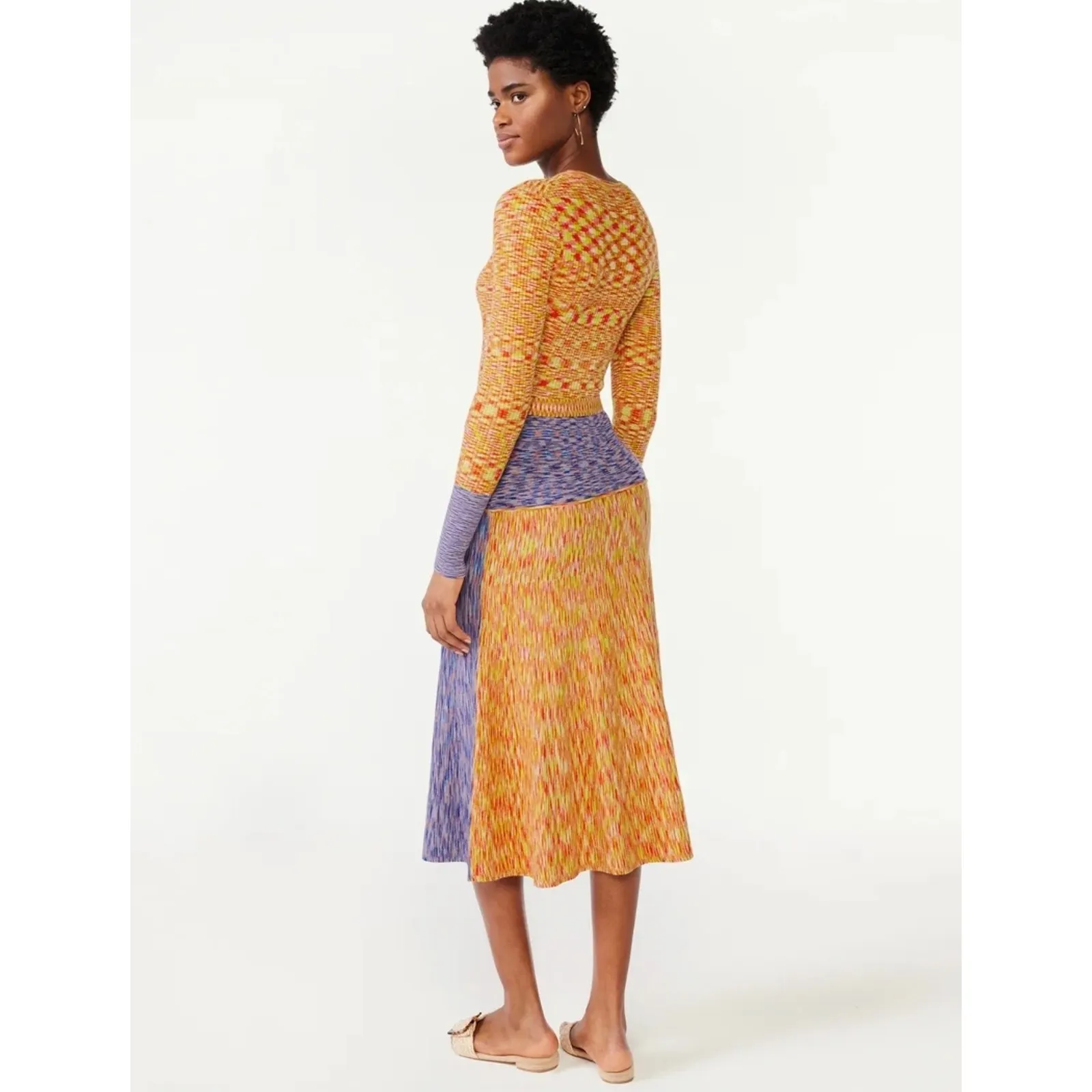 Scoop Sweater Dress Lg Space Dye Midi Orange Blue Ribbed Belted 70s Retro - Image 2