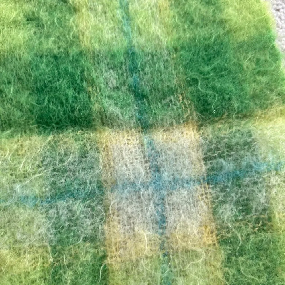 Vintage 60s Green Large Plaid Mohair Wool Scarf by Filene’s Yellow - Image 4