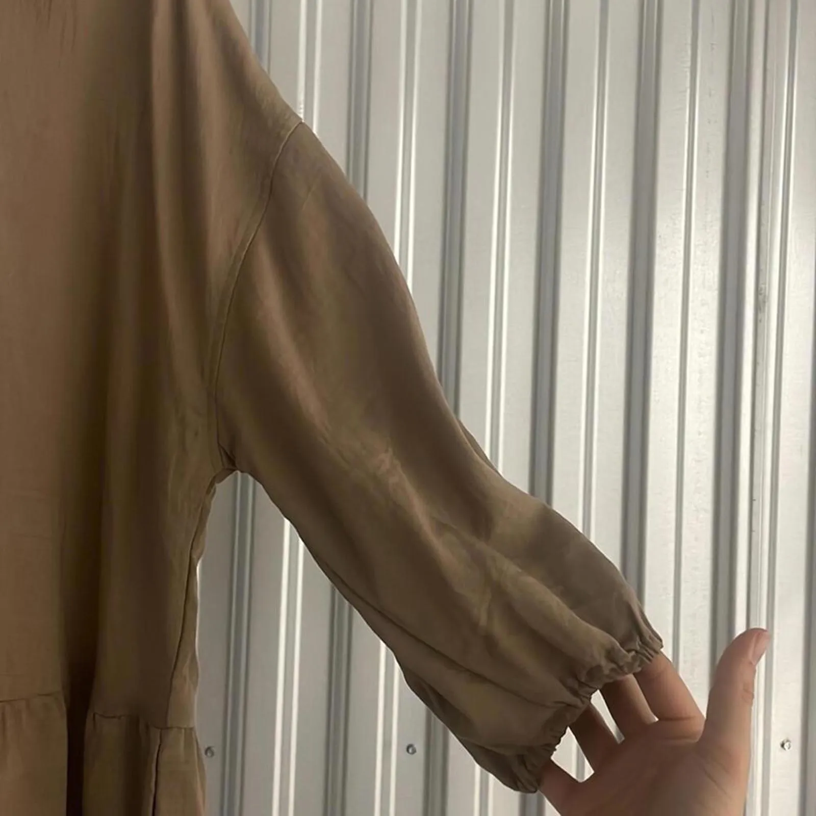 ✅Blu Pepper Tan Brown Drop Waist Causal Minimalist Sleeve work shirt dress - Image 3