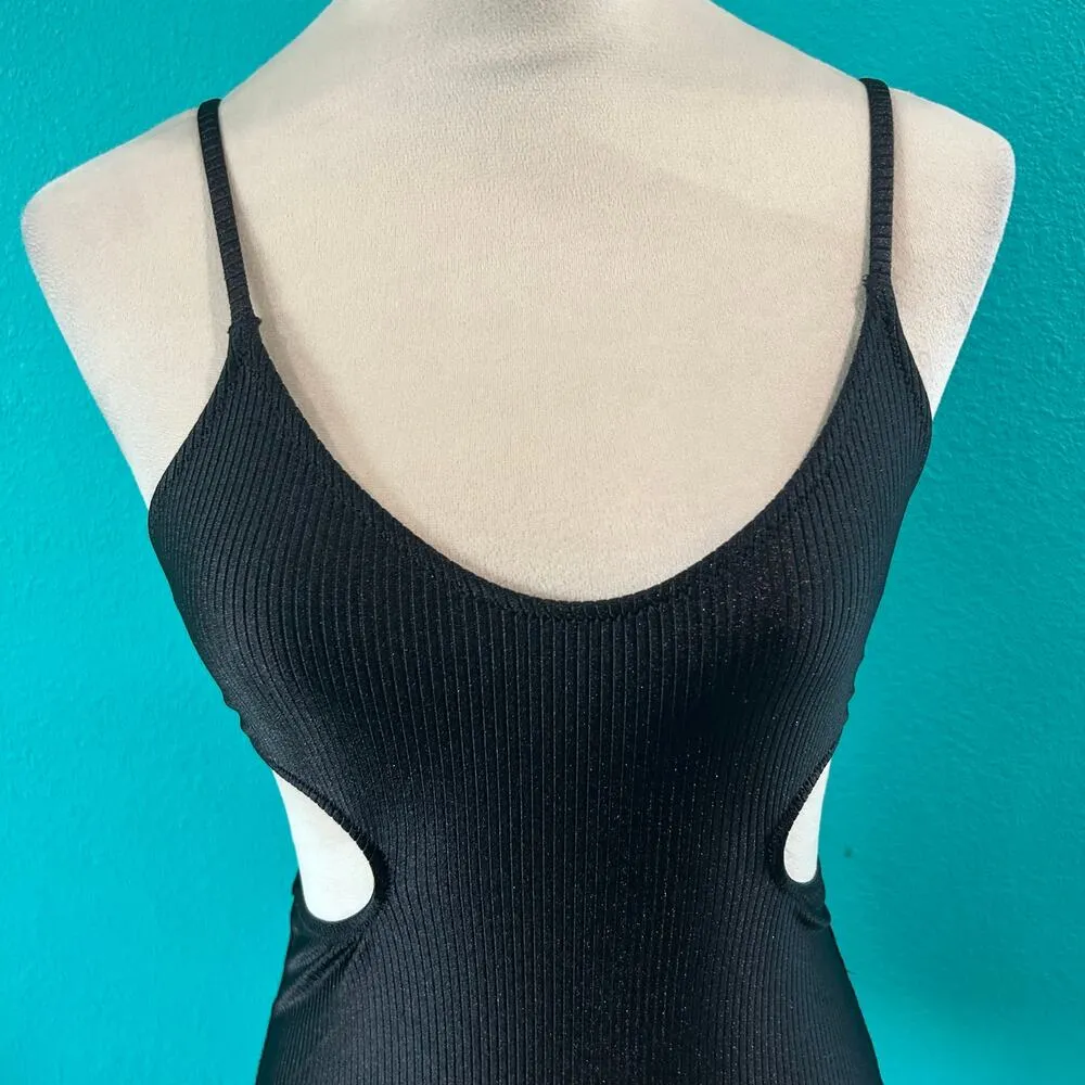 NWT Aerie Shine Rib Voop Cheeky One Piece Swimsuit True Black Beach Surf Size S - Image 4